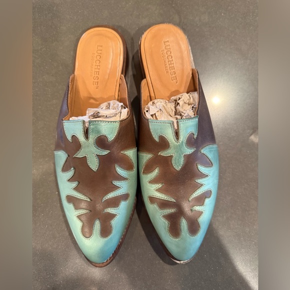 Lucchese Shoes - Lucchese Brown and Turquoise Leather Slip-On Mules